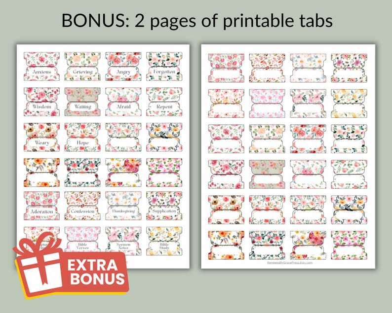 Peut inclure: Deux pages d'onglets imprimables avec des motifs floraux. Chaque onglet pr&eacute;sente un motif floral et un espace vide pour &eacute;crire. Les onglets sont &eacute;tiquet&eacute;s avec des mots tels que "Anxious", "Grieving" et "Wisdom". L'image comprend &eacute;galement le texte "EXTRA BONUS."