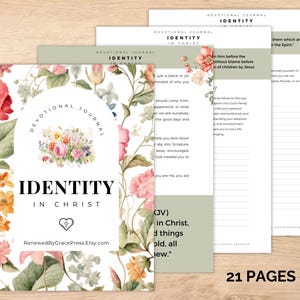 Op de afbeelding: Een dagboek met de titel "Identity in Christ" met bloemenillustraties. De omslag heeft een bloemenontwerp met de tekst "Identity in Christ" en de Etsy shopnaam. Het dagboek heeft 21 pagina's en bevat inspirerende tekst.
