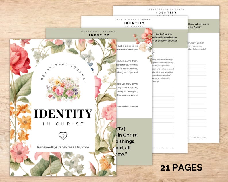 Op de afbeelding: Een dagboek met de titel "Identity in Christ" met bloemenillustraties. De omslag heeft een bloemenontwerp met de tekst "Identity in Christ" en de Etsy shopnaam. Het dagboek heeft 21 pagina's en bevat inspirerende tekst.