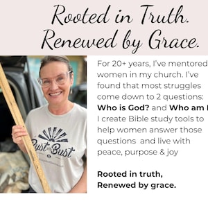 May include: A woman wearing glasses and a light gray t-shirt with the text "Dust or Bust" holds a wooden ruler. The image includes the text "Rooted in Truth. Renewed by Grace."