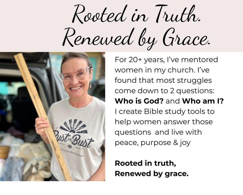 May include: A woman wearing glasses and a light gray t-shirt with the text "Dust or Bust" holds a wooden ruler. The image includes the text "Rooted in Truth. Renewed by Grace."