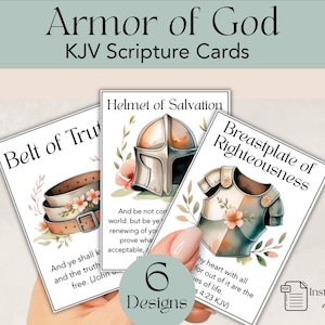 May include: Watercolor-style KJV Scripture cards featuring the Armor of God. The cards display illustrations of a belt, helmet, and breastplate, with floral accents. The text "Armor of God" and "KJV Scripture Cards" are at the top.