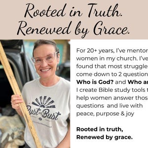 May include: A light-colored t-shirt with a graphic print featuring a sunburst design and the text 'Rust or Bust' above 'TopsAndDenim.com'. The image includes text stating 'Rooted in Truth. Renewed by Grace.' and a paragraph about mentoring and Bible study tools.