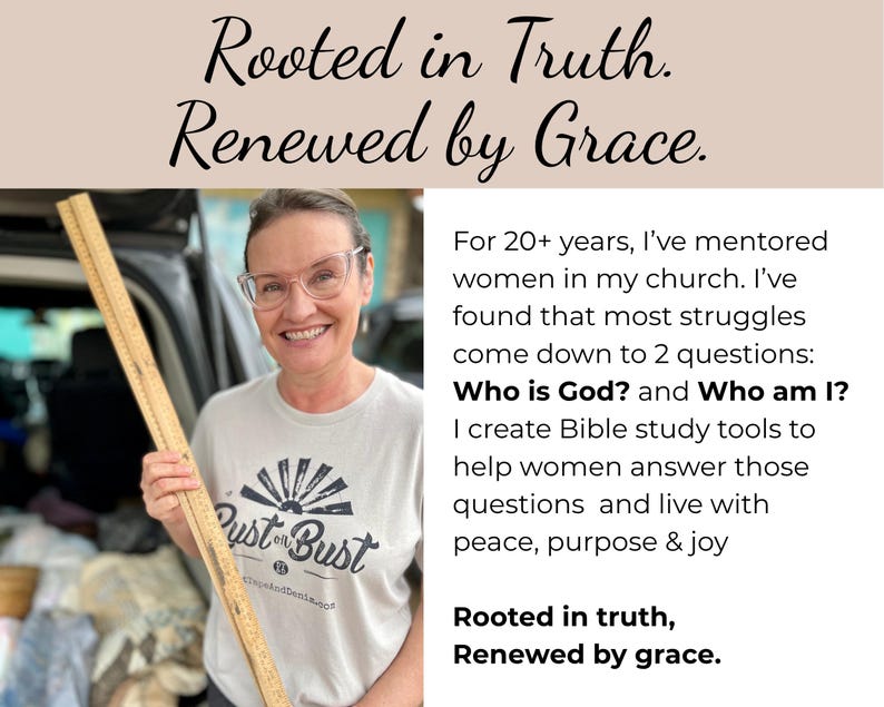 May include: A light-colored t-shirt with a graphic print featuring a sunburst design and the text 'Rust or Bust' above 'TopsAndDenim.com'. The image includes text stating 'Rooted in Truth. Renewed by Grace.' and a paragraph about mentoring and Bible study tools.