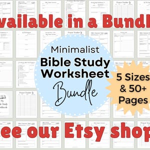 Puede incluir: Una colecci&oacute;n de hojas de trabajo imprimibles para el estudio b&iacute;blico con varias plantillas como rastreadores de oraci&oacute;n, estudios de personajes y res&uacute;menes de cap&iacute;tulos. El c&iacute;rculo azul claro central muestra el texto Minimalist Bible Study Worksheet Bundle.