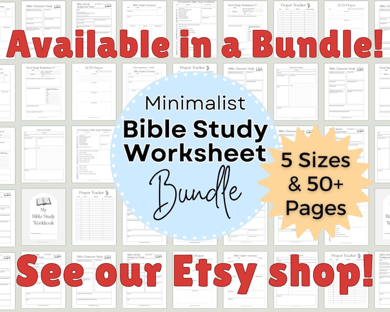 Puede incluir: Una colecci&oacute;n de hojas de trabajo imprimibles para el estudio b&iacute;blico con varias plantillas como rastreadores de oraci&oacute;n, estudios de personajes y res&uacute;menes de cap&iacute;tulos. El c&iacute;rculo azul claro central muestra el texto Minimalist Bible Study Worksheet Bundle.