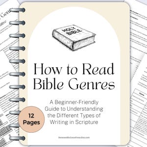 May include: A disc-bound notebook with a cream cover featuring a black and white line drawing of a Bible. The text reads How to Read Bible Genres, A Beginner-Friendly Guide to Understanding the Different Types of Writing in Scripture, and 12 Pages.