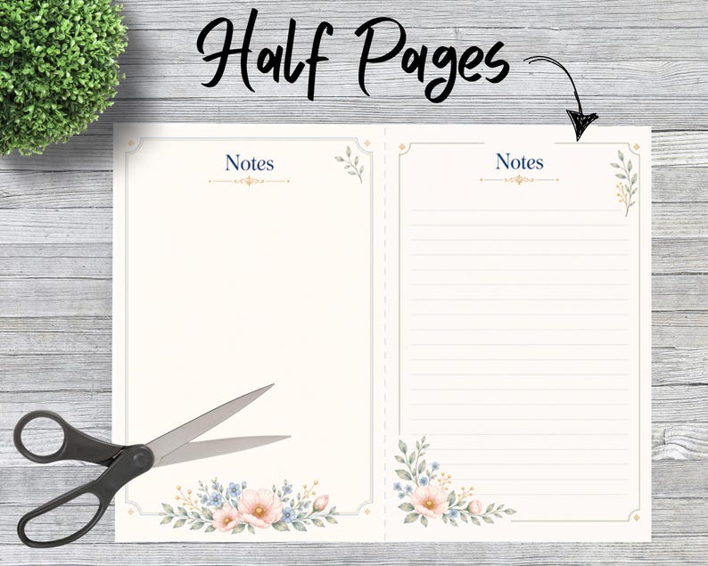 May include: Two side-by-side paper sheets labeled Half Pages with the text Notes at the top. The left sheet is blank, and the right sheet features horizontal lines. Both pages are decorated with watercolor floral illustrations in pink and blue.