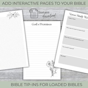 Peut inclure: Trois pages imprimables blanches pour le journal biblique. Les pages comprennent une page de notes avec une grille de points, une page pour les promesses de Dieu et une feuille de travail d'&eacute;tude de versets. Le texte sur les pages comprend "Notes", "God's Promises" et "Verse Study Worksheet". L'image comprend &eacute;galement le texte "ADD INTERACTIVE PAGES TO YOUR BIBLE" et "BIBLE TIP-INS FOR LOADED BIBLES".