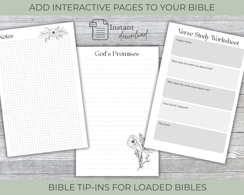 Peut inclure: Trois pages imprimables blanches pour le journal biblique. Les pages comprennent une page de notes avec une grille de points, une page pour les promesses de Dieu et une feuille de travail d'&eacute;tude de versets. Le texte sur les pages comprend "Notes", "God's Promises" et "Verse Study Worksheet". L'image comprend &eacute;galement le texte "ADD INTERACTIVE PAGES TO YOUR BIBLE" et "BIBLE TIP-INS FOR LOADED BIBLES".