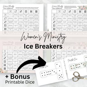 Puede incluir: Hojas de juego de rompehielos imprimibles para el Ministerio de Mujeres, con preguntas temáticas de dados. Incluye plantillas de dados imprimibles adicionales. El diseño es en colores pastel suaves con acentos florales.