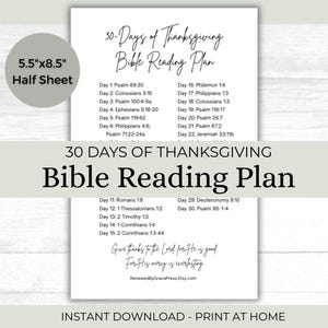 May include: A white 5.5" x 8.5" half sheet with the text "30 Days of Thanksgiving Bible Reading Plan." The plan lists daily Bible verses for a month, with the text "Give thanks to the Lord for He is good. For His mercy is everlasting."