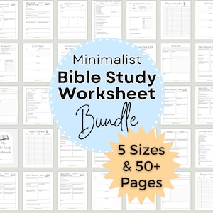 Puede incluir: Un conjunto de hojas de trabajo minimalistas para el estudio de la Biblia. La imagen presenta varias páginas imprimibles con diferentes diseños para tomar notas y estudiar. El paquete incluye 5 tamaños y más de 50 páginas.