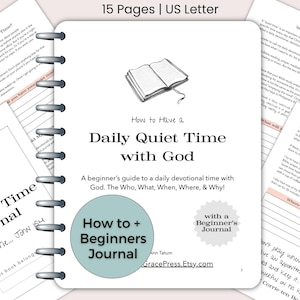 May include: A journal with a spiral binding, titled "How to Have a Daily Quiet Time with God." The cover shows an open book illustration and the text "How to + Beginners Journal." It's a beginner's guide to daily devotional time, with 15 pages.