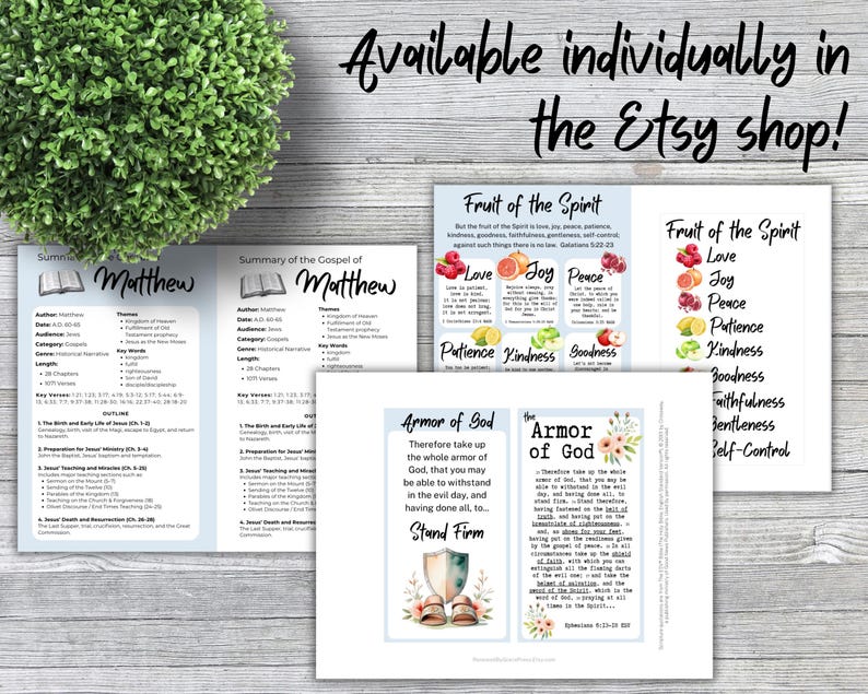 May include: A collection of printed study cards featuring religious themes including the Summary of the Gospel of Matthew, the Fruit of the Spirit with colorful fruit illustrations, and the Armor of God with a shield and sandals graphic.