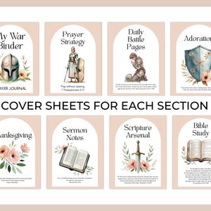 May include: A collection of eight cover sheets for a prayer journal, each with a unique design and title. Titles include "My War Binder," "Prayer Strategy," and "Daily Battle Pages." Floral and warrior imagery is used throughout.
