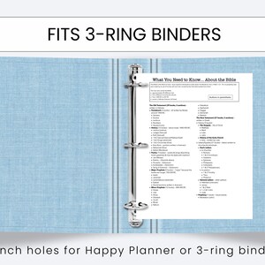 May include: A light blue 3-ring binder with a silver metal clasp, open to reveal a printed page titled "What You Need to Know... About the Bible." The text "FITS 3-RING BINDERS" is at the top. The bottom text reads "Punch holes for Happy Planner or 3-ring binder."