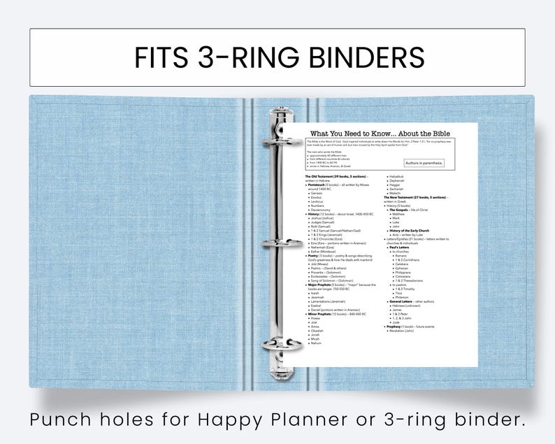 May include: A light blue 3-ring binder with a silver metal clasp, open to reveal a printed page titled "What You Need to Know... About the Bible." The text "FITS 3-RING BINDERS" is at the top. The bottom text reads "Punch holes for Happy Planner or 3-ring binder."