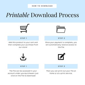 Puede incluir: Un gr&aacute;fico instructivo titulado Printable Download Process con un encabezado azul claro. Describe cuatro pasos usando iconos negros: un carrito de compras, una carpeta, una flecha de descarga y un l&aacute;piz, explicando el proceso de archivo digital.