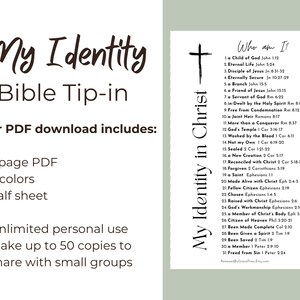Peut inclure: Un t&eacute;l&eacute;chargement PDF num&eacute;rique intitul&eacute; My Identity Bible Tip-in, pr&eacute;sentant une liste de 31 d&eacute;clarations d'identit&eacute; spirituelle avec des versets bibliques. Le document inclut une croix et le texte Who am I, format demi-page.