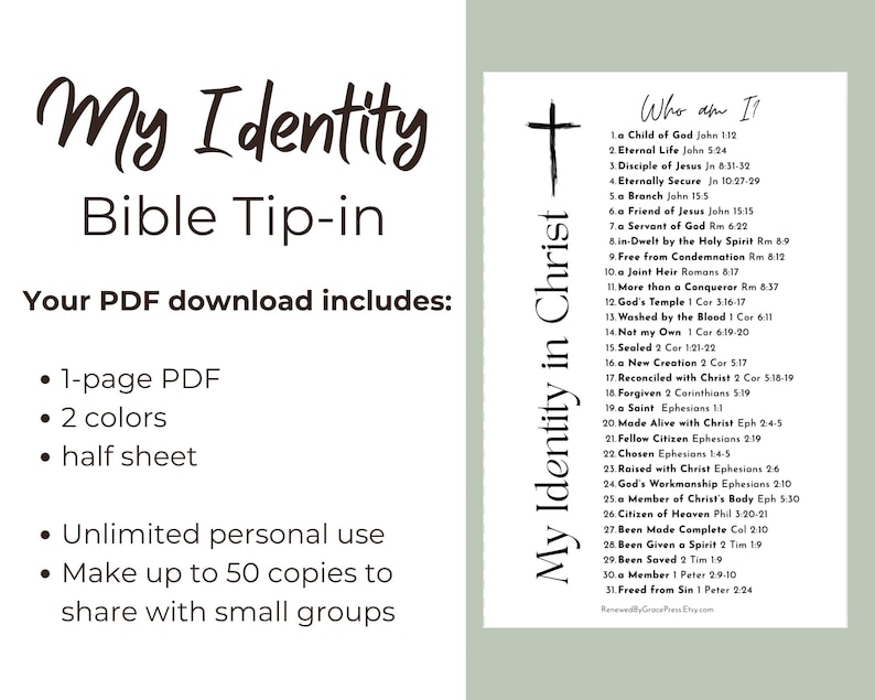 Peut inclure: Un t&eacute;l&eacute;chargement PDF num&eacute;rique intitul&eacute; My Identity Bible Tip-in, pr&eacute;sentant une liste de 31 d&eacute;clarations d'identit&eacute; spirituelle avec des versets bibliques. Le document inclut une croix et le texte Who am I, format demi-page.