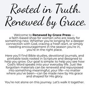 May include: Text graphic with the words "Rooted in Truth. Renewed by Grace." Below, the text reads "Welcome to Renewed by Grace Press - a faith-based shop for women..." The text continues to describe the shop's offerings and mission.