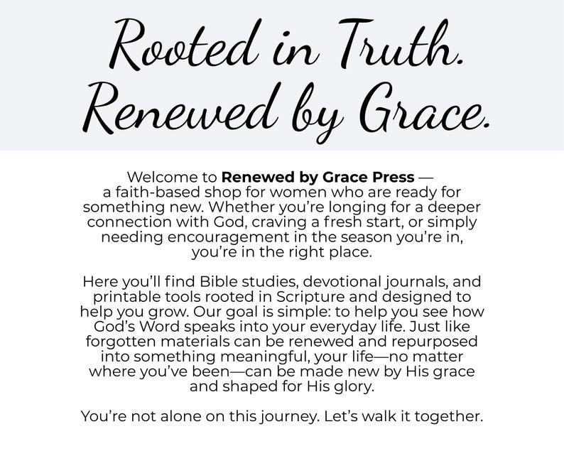 May include: Text graphic with the words "Rooted in Truth. Renewed by Grace." Below, the text reads "Welcome to Renewed by Grace Press - a faith-based shop for women..." The text continues to describe the shop's offerings and mission.