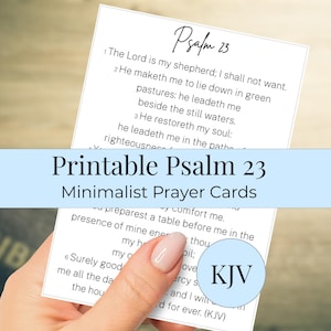 Puede incluir: Tarjetas de oración minimalistas imprimibles del Salmo 23. Las tarjetas presentan el texto del Salmo 23 de la versión King James (KJV). El diseño es minimalista con una pancarta azul claro y un logotipo KJV.