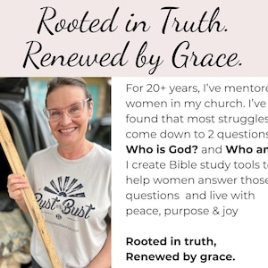 May include: A woman wearing glasses and a t-shirt that says "Rust or Bust" holds a wooden ruler. The image includes the text "Rooted in Truth. Renewed by Grace."