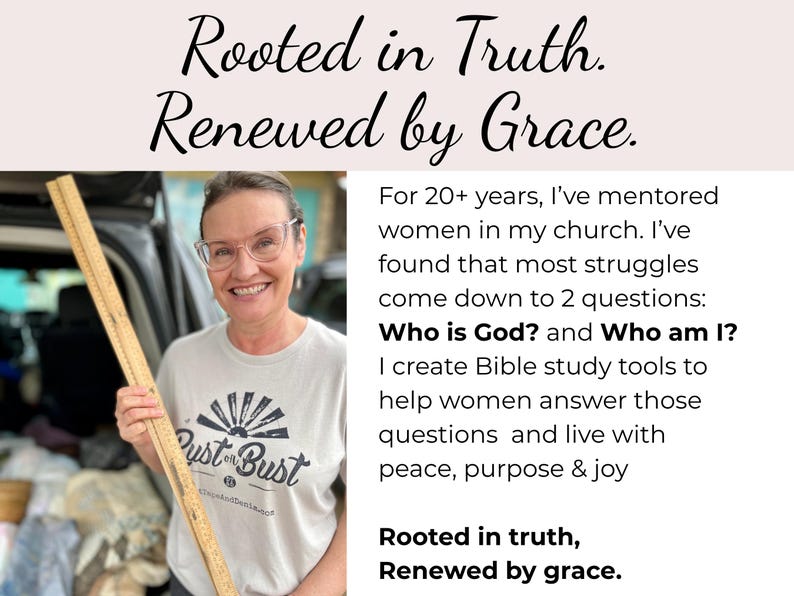 May include: A woman wearing glasses and a t-shirt that says "Rust or Bust" holds a wooden ruler. The image includes the text "Rooted in Truth. Renewed by Grace."
