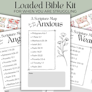 May include: A Loaded Bible Kit with scripture maps for various emotions. The kit includes pages labeled "Angry," "Anxious," and "Weary," each with relevant Bible verses and space for notes. Floral patterned tabs and delicate floral illustrations are also included.