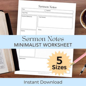Sermon Notes Printable | Minimalist Church Notes Worksheet | Christian Planner Insert Letter Half Sheet A4 Classic Mini