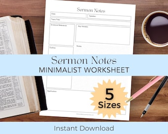 Predigt Notizen Printable | Minimalistische Kirche Notizen Arbeitsblatt | Christliche Planer Einlage Buchstabe Halbes Blatt A4 Classic Mini