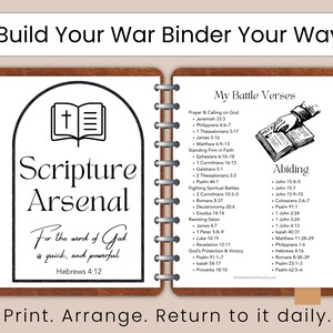 May include: A brown leather-textured binder open to two pages. The left page features an arched graphic with a Bible icon, the text Scripture Arsenal, and Hebrews 4:12. The right page lists My Battle Verses with scripture references.