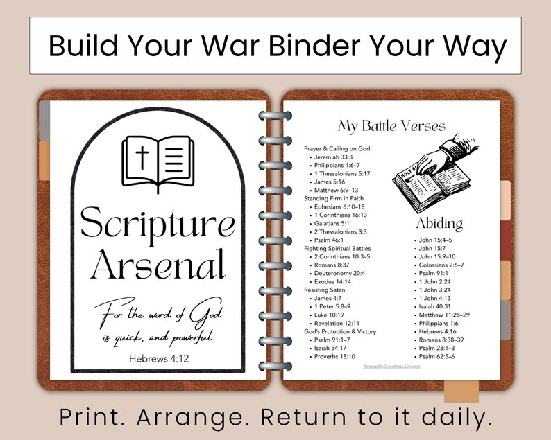 May include: A brown leather-textured binder open to two pages. The left page features an arched graphic with a Bible icon, the text Scripture Arsenal, and Hebrews 4:12. The right page lists My Battle Verses with scripture references.