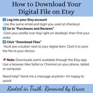 May include: A guide titled "How to Download Your Digital File on Etsy" with numbered steps. Instructions include logging into your Etsy account, going to Purchases and Reviews, and clicking Download Files. The note indicates downloads aren't available through the Etsy app.