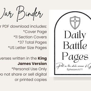 May include: A digital War Binder PDF download featuring a cover page, 11 section covers, and 37 total US letter size pages. The graphic displays an arched frame with a shield icon, the text Daily Battle Pages, and Put on the whole armour of God.