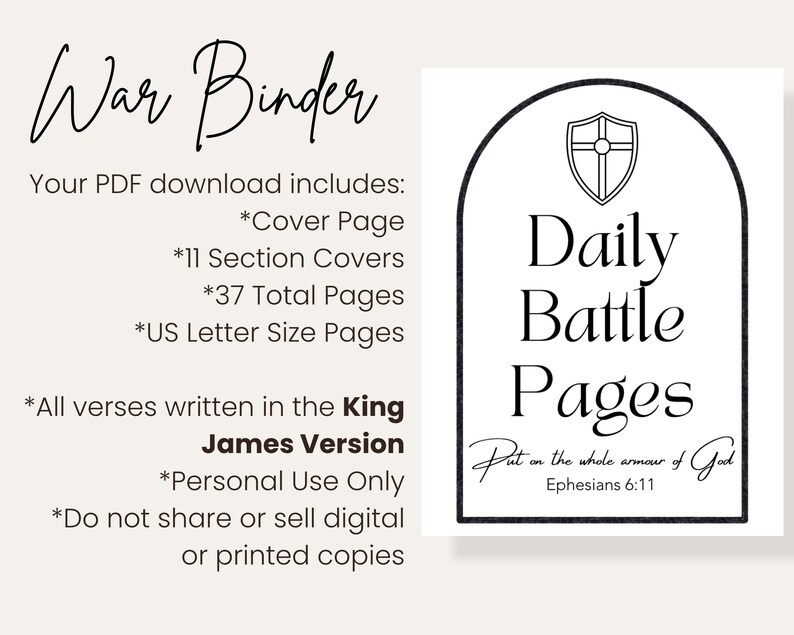 May include: A digital War Binder PDF download featuring a cover page, 11 section covers, and 37 total US letter size pages. The graphic displays an arched frame with a shield icon, the text Daily Battle Pages, and Put on the whole armour of God.