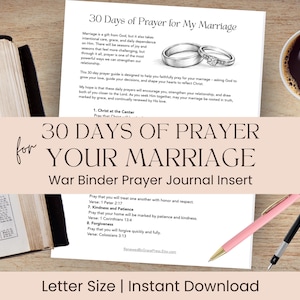 May include: A printed journal insert titled "30 Days of Prayer for Your Marriage" with a wedding ring graphic. The image includes a Bible, a cup of coffee, and pens. The text includes "War Binder Prayer Journal Insert" and "Letter Size | Instant Download."