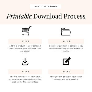 May include: Printable Download Process graphic with instructions. Step 1: Add to cart and purchase. Step 2: Access the file. Step 1: Download from purchases. Step 2: Print at home or a service. Includes shopping cart, file folder, and pencil icons.