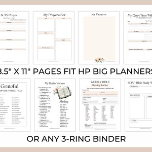 May include: A collection of printable planner pages with various layouts for prayer, scripture study, and journaling. The pages are designed to fit 8.5" x 11" planners and 3-ring binders. The pages include prompts for reflection and tracking.