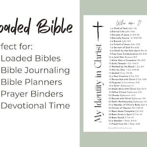 Peut inclure: Une carte d'information blanche pr&eacute;sentant le texte Loaded Bible et une liste de trente et un points intitul&eacute;e Who Am I? avec le titre My Identity in Christ &agrave; c&ocirc;t&eacute; d'un symbole de croix. La carte &eacute;num&egrave;re diverses identit&eacute;s spirituelles.