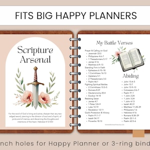 May include: A planner insert with the text "Scripture Arsenal" and "My Battle Verses." The left page features a sword illustration with floral accents. The right page lists Bible verses. The text "Fits Big Happy Planners" is at the top.