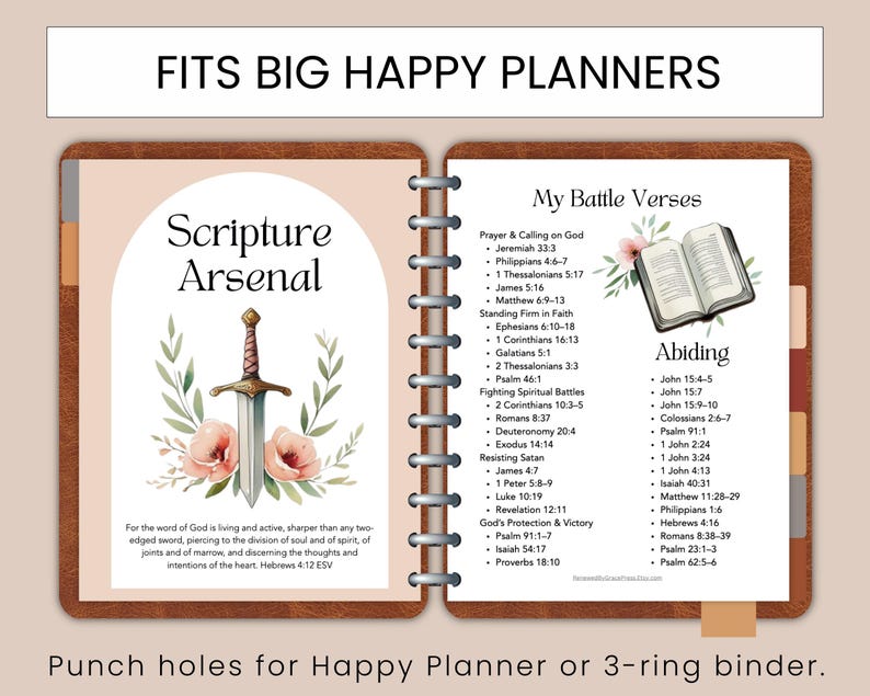 May include: A planner insert with the text "Scripture Arsenal" and "My Battle Verses." The left page features a sword illustration with floral accents. The right page lists Bible verses. The text "Fits Big Happy Planners" is at the top.