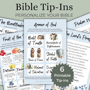Puede incluir: Un conjunto de seis tip-ins bíblicos imprimibles, con temas como la Armadura de Dios y el Salmo 23. Cada tip-in incluye texto e ilustraciones, diseñados para personalizar y mejorar el estudio bíblico.