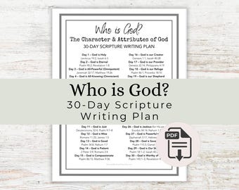 Piano di scrittura delle Scritture di 30 giorni / Attributi di Dio Studio biblico Pagina di diario devozionale cristiano stampabile Download immediato PDF Chi è Dio
