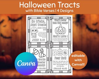 聖書の一節入り編集可能なキリスト教ハロウィン小冊子、白黒塗り絵ページCanvaテンプレート