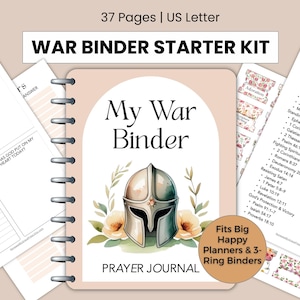 Könnte beinhalten: Ein War Binder Starter Kit mit 37 Seiten im US Letter Format. Das Cover zeigt "My War Binder" mit einer Helm-Illustration und "Prayer Journal". Enthält Seiten für Gebete und Bibelverse. Passend für Happy Planner und 3-Ring-Ordner.