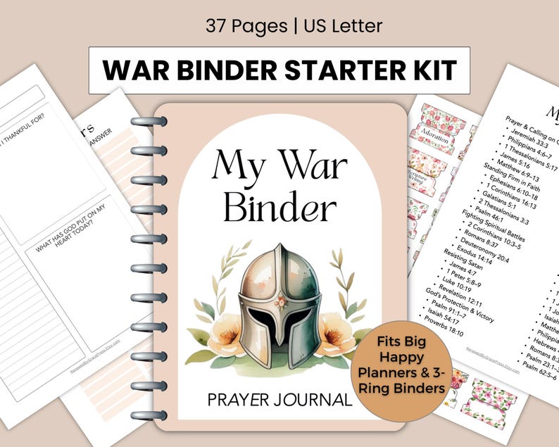 May include: A spiral-bound "War Binder Starter Kit" with a beige cover featuring a watercolor illustration of a helmet and flowers. The text "My War Binder" and "Prayer Journal" are visible. Includes pages with prompts and Bible verses.