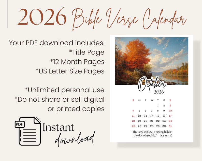 2026 Bible Verse Calendar Printable • Christian Scripture Wall Art ...